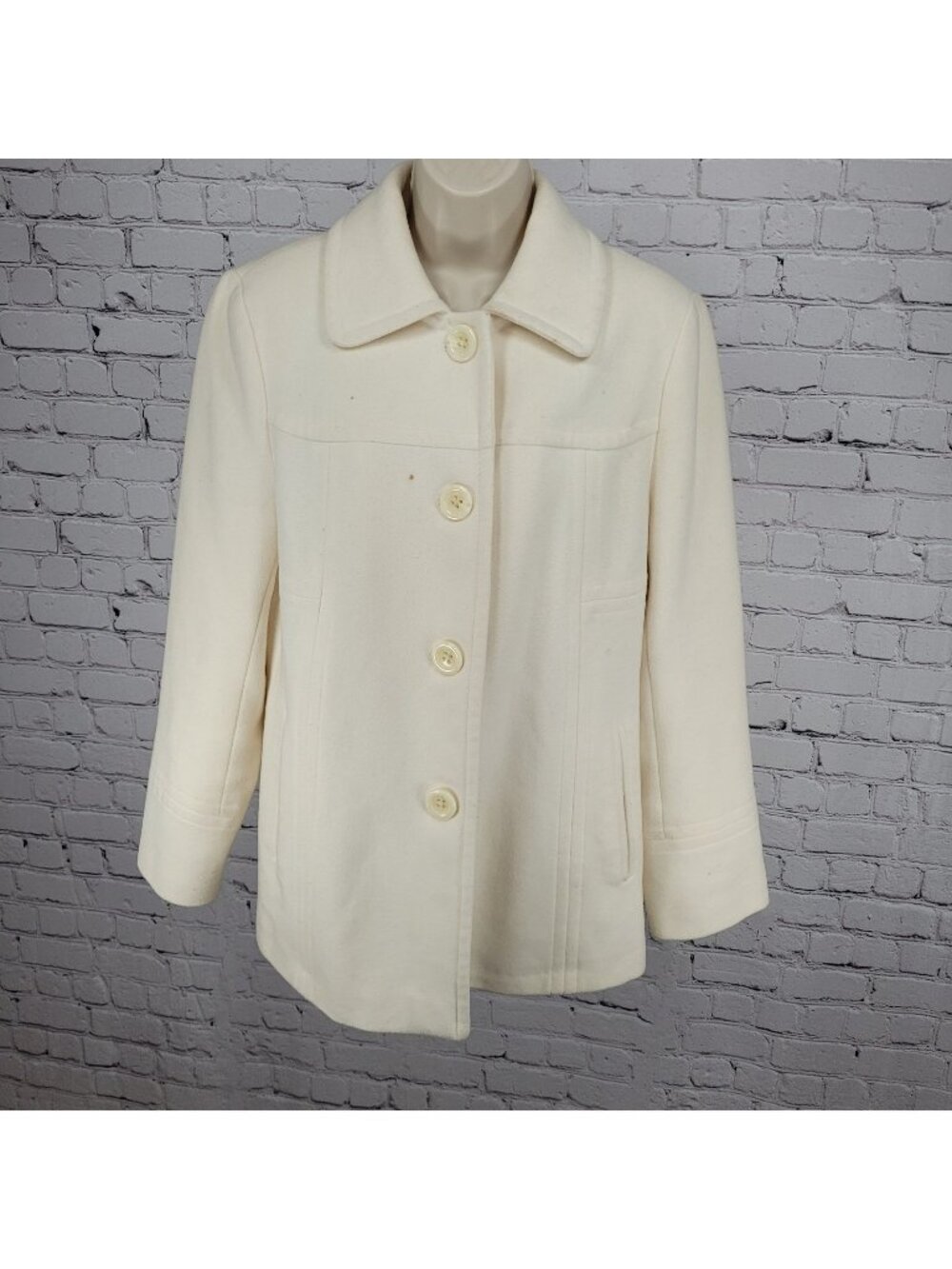 Anne Klein Ivory Wool Blend Buttoned Collared Pockets Lined Over Coat Large L